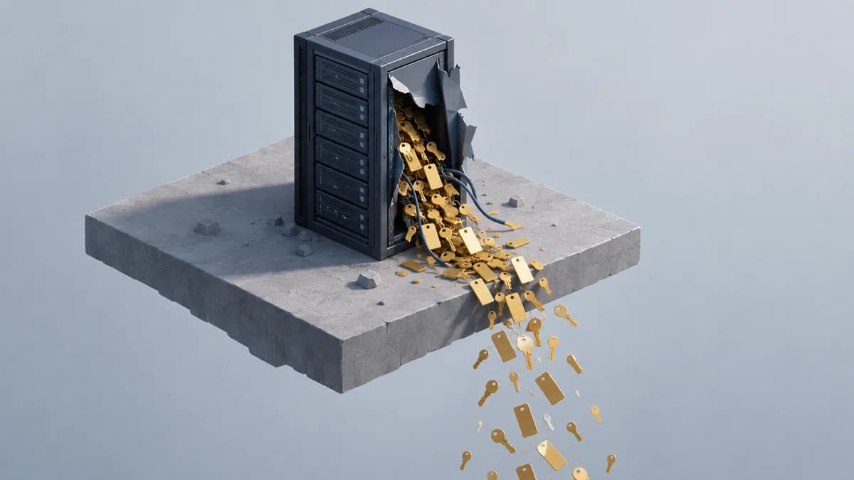 Isometric 3D illustration of a server rack on an open platform with keys and credential cards spilling out through a broken panel into empty space