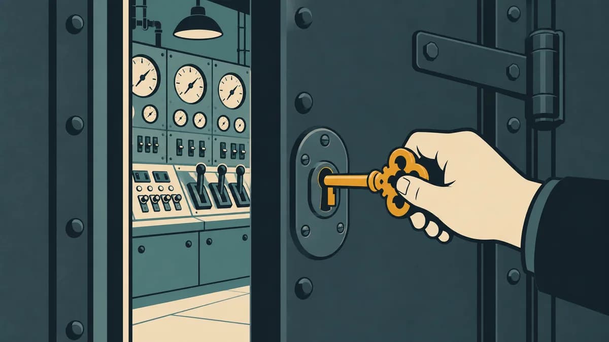Flat vector illustration of a hand holding an oversized key turning in the lock of a heavy control-room door, with rows of switches visible through the gap behind it