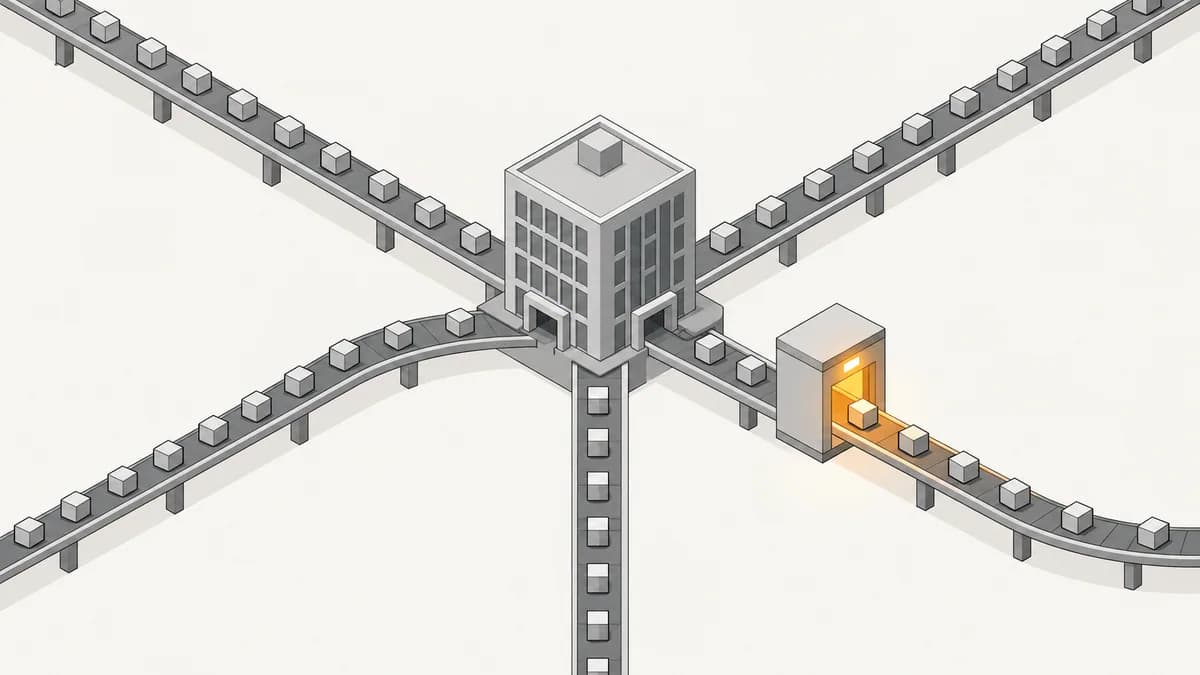 Isometric illustration of a single office building with five separate service outlets leaving it in different directions, only one of which passes through a lit gatehouse while the other four bypass it entirely