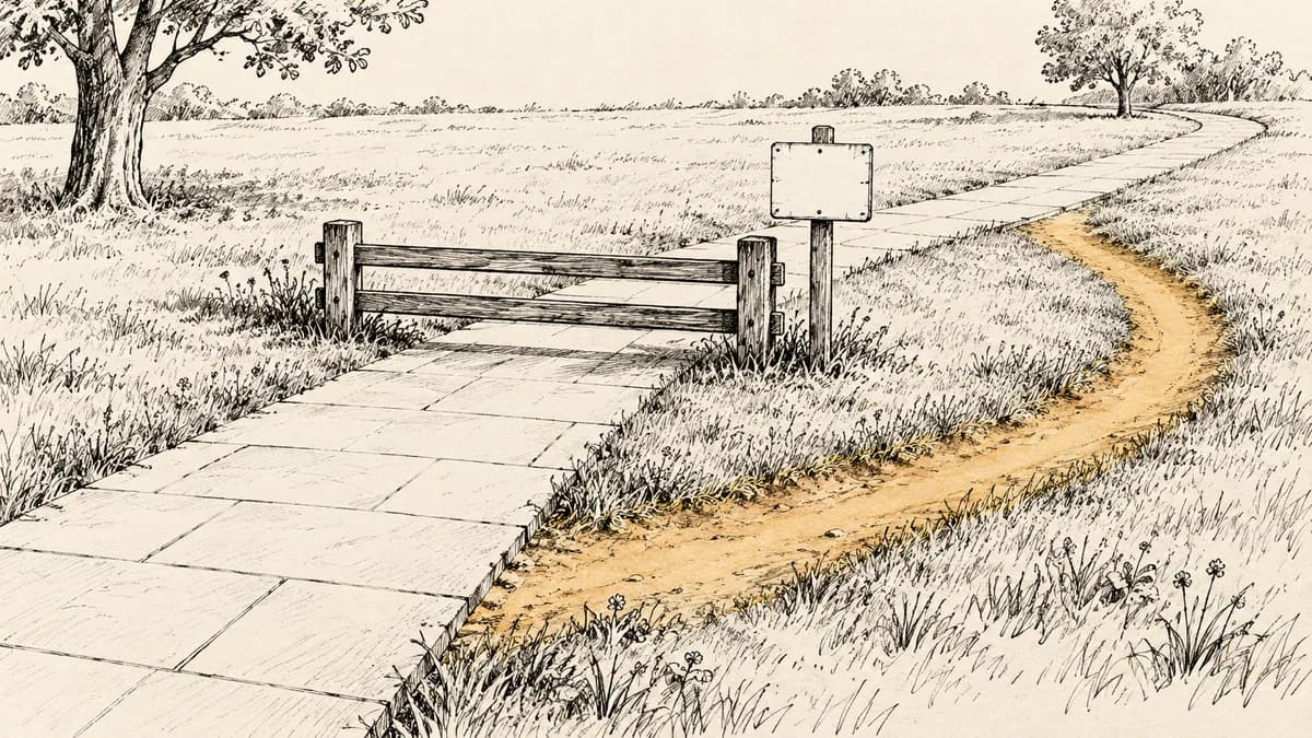 Hand-drawn ink sketch of a neatly paved park path blocked by a low fence and a sign post, with a deeply worn dirt shortcut curving around the fence through the grass