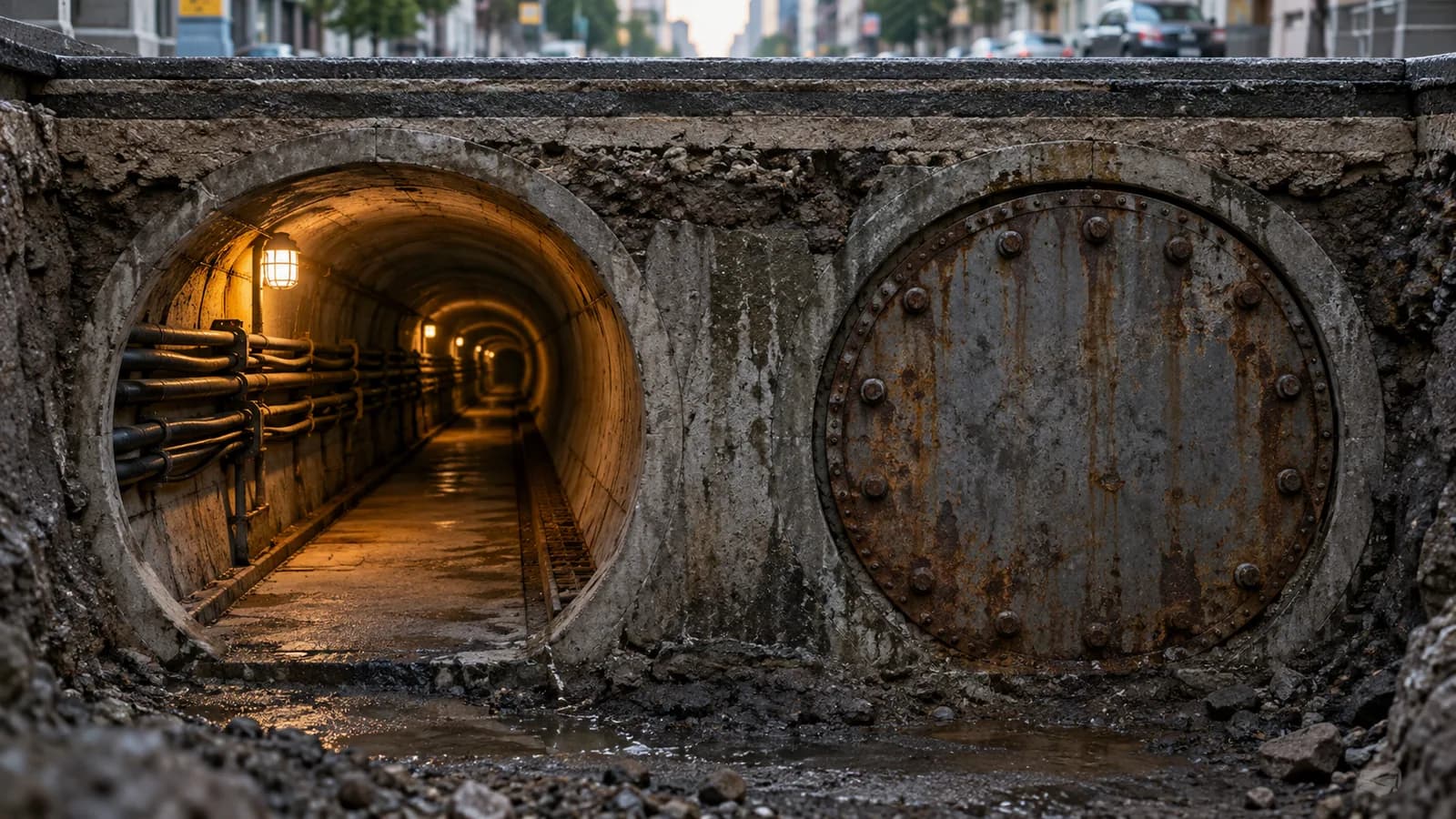 Editorial photograph of two parallel service tunnels beneath a street, one lit and carrying cabling, the other sealed off with a bolted steel plate